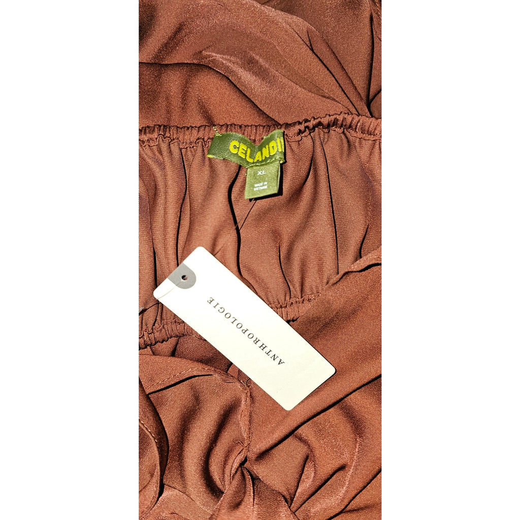 Anthropologie Celandine V-Neck Twist-Front Satin Midi Dress XL Brown Anthropologie