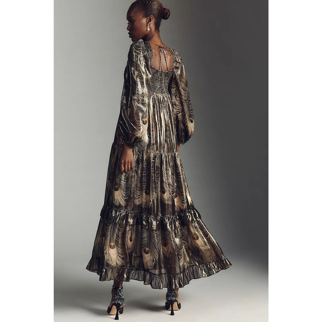 By Anthropologie Long-Sleeve Metallic Babydoll Midi Dress SMALL Black Anthropologie