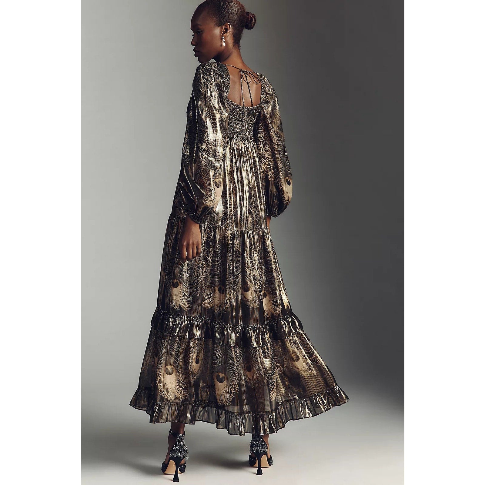 By Anthropologie Long-Sleeve Metallic Babydoll Midi Dress SMALL Black Anthropologie