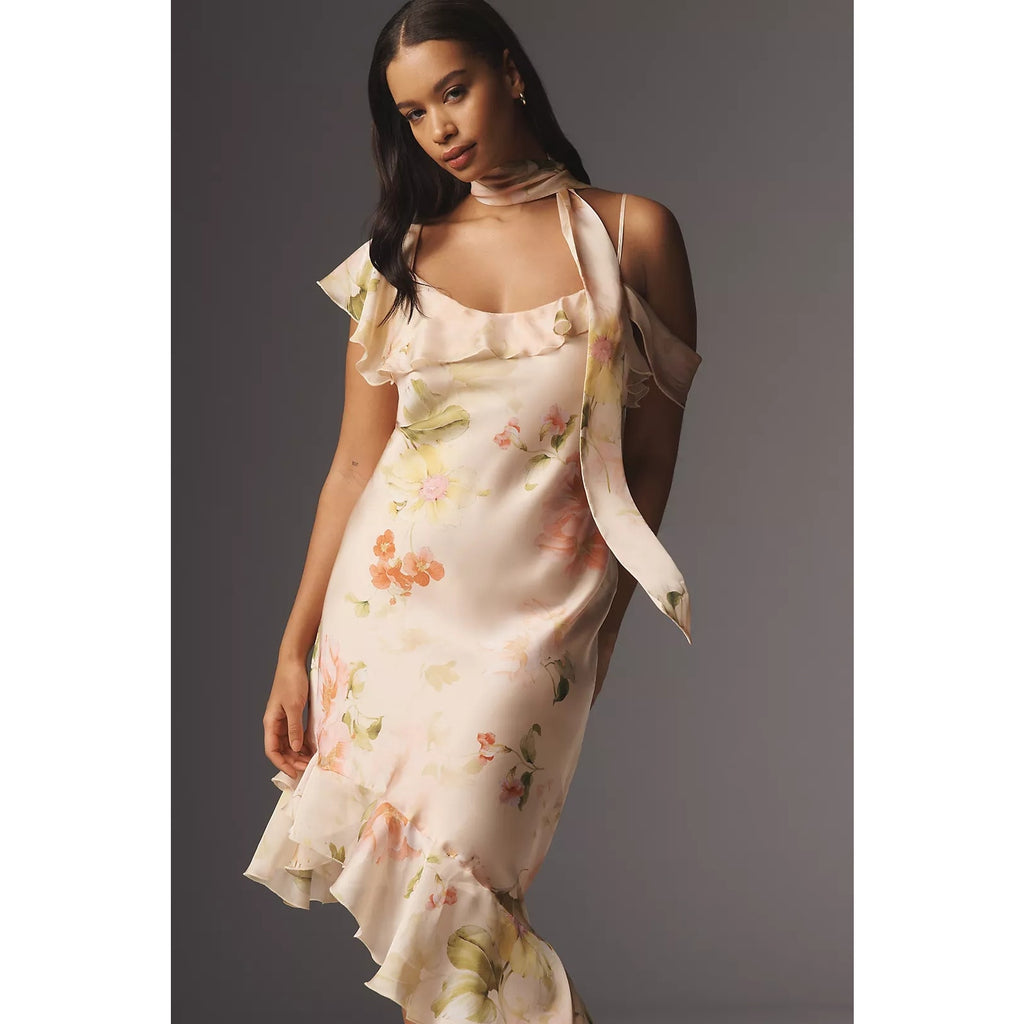 Anthropologie Asymmetric Scarf Slip Dress PLUS 1X Neutral Floral Motif Anthropologie
