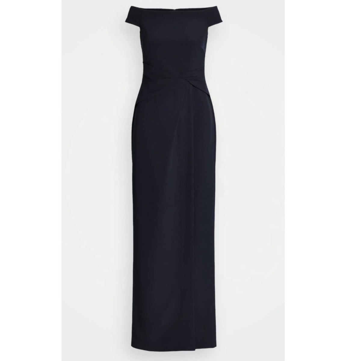 Navy crepe off-shoulder gown laid flat, draped waist and long straight skirt