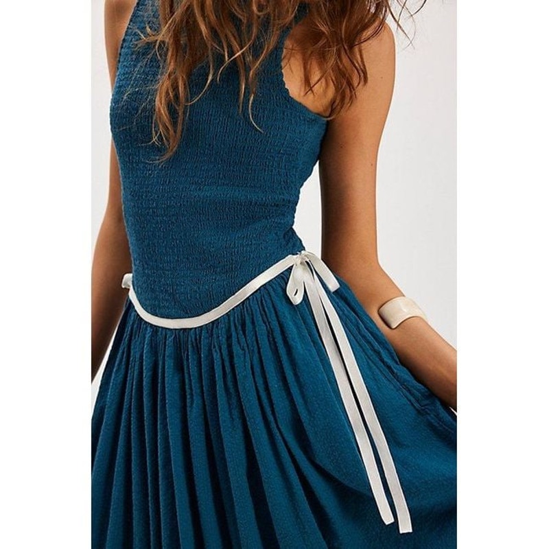 FREE PEOPLE Nightingale Seersucker Midi Dress SMALL Seaside Combo BLUE Free People