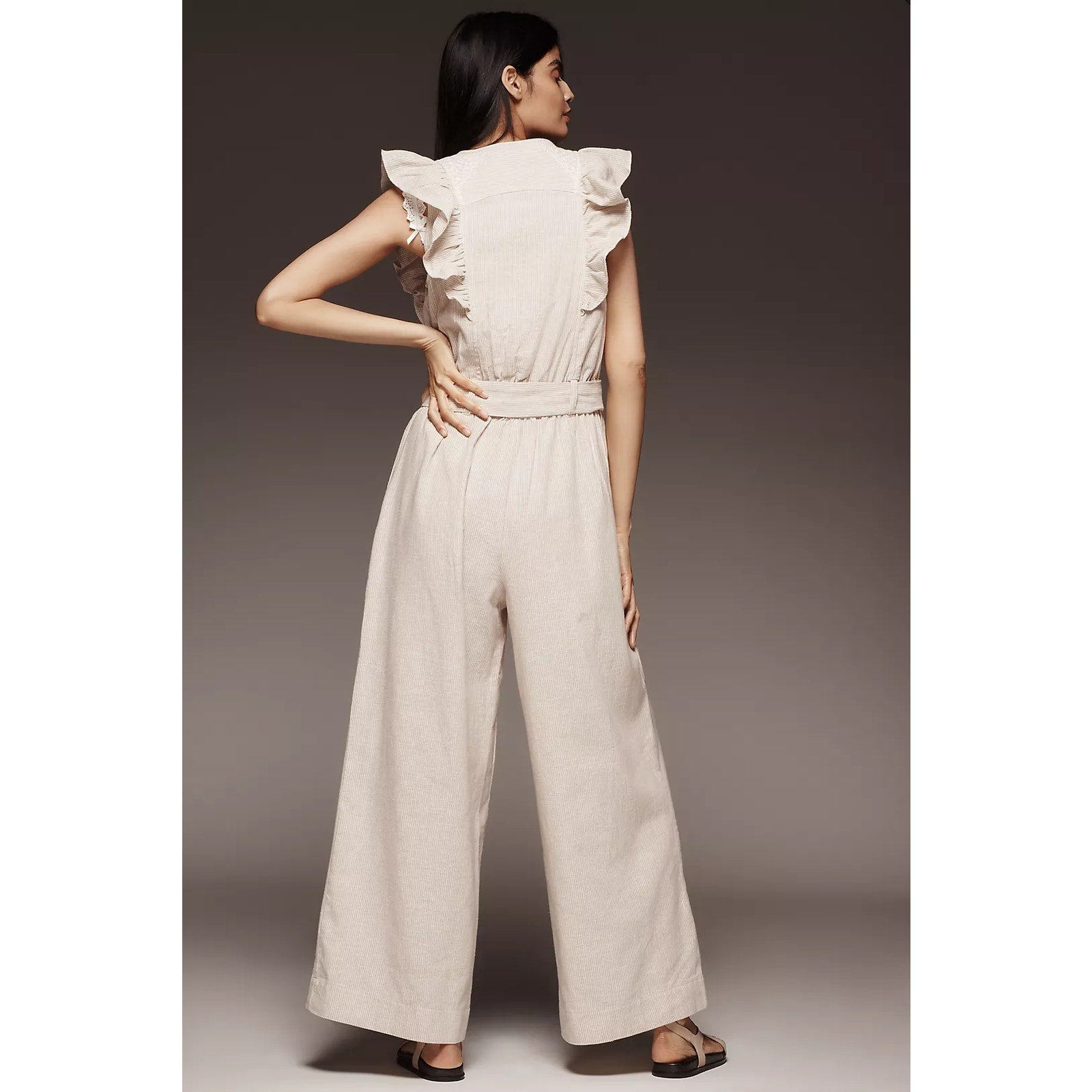 By Anthropologie Linen Blend Ruffle Jumpsuit SMALL Neutral PINSTRIPE Anthropologie