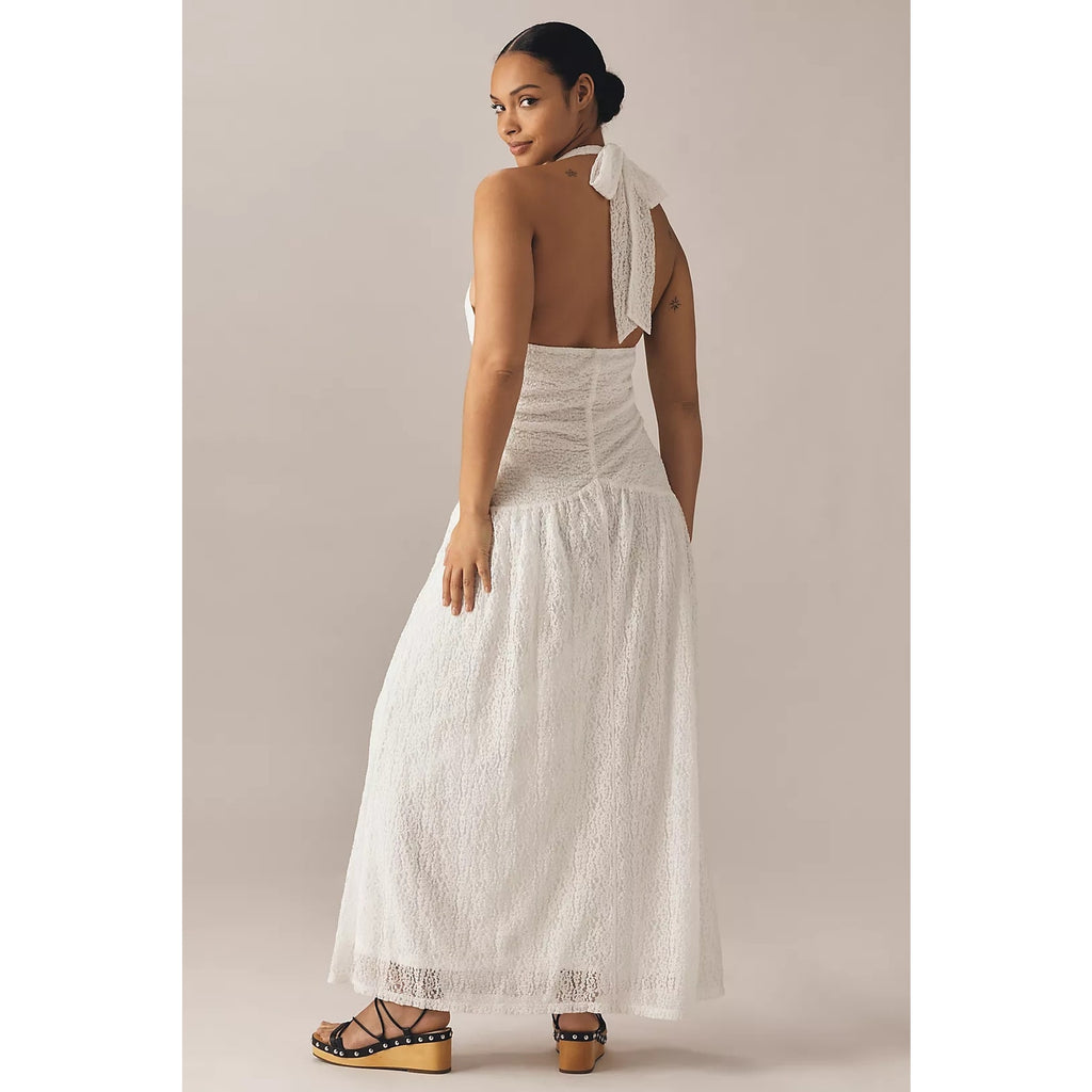Anthropologie Flat White Plunge Slim Maxi Dress LARGE White HALTER-NECK Anthropologie