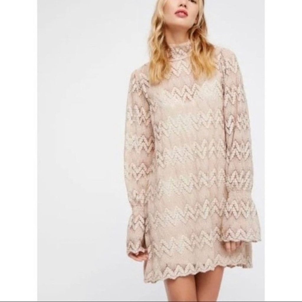 New Free People Simone Neutral Crochet Lace Mini Dress $128 Small Mock Taupe