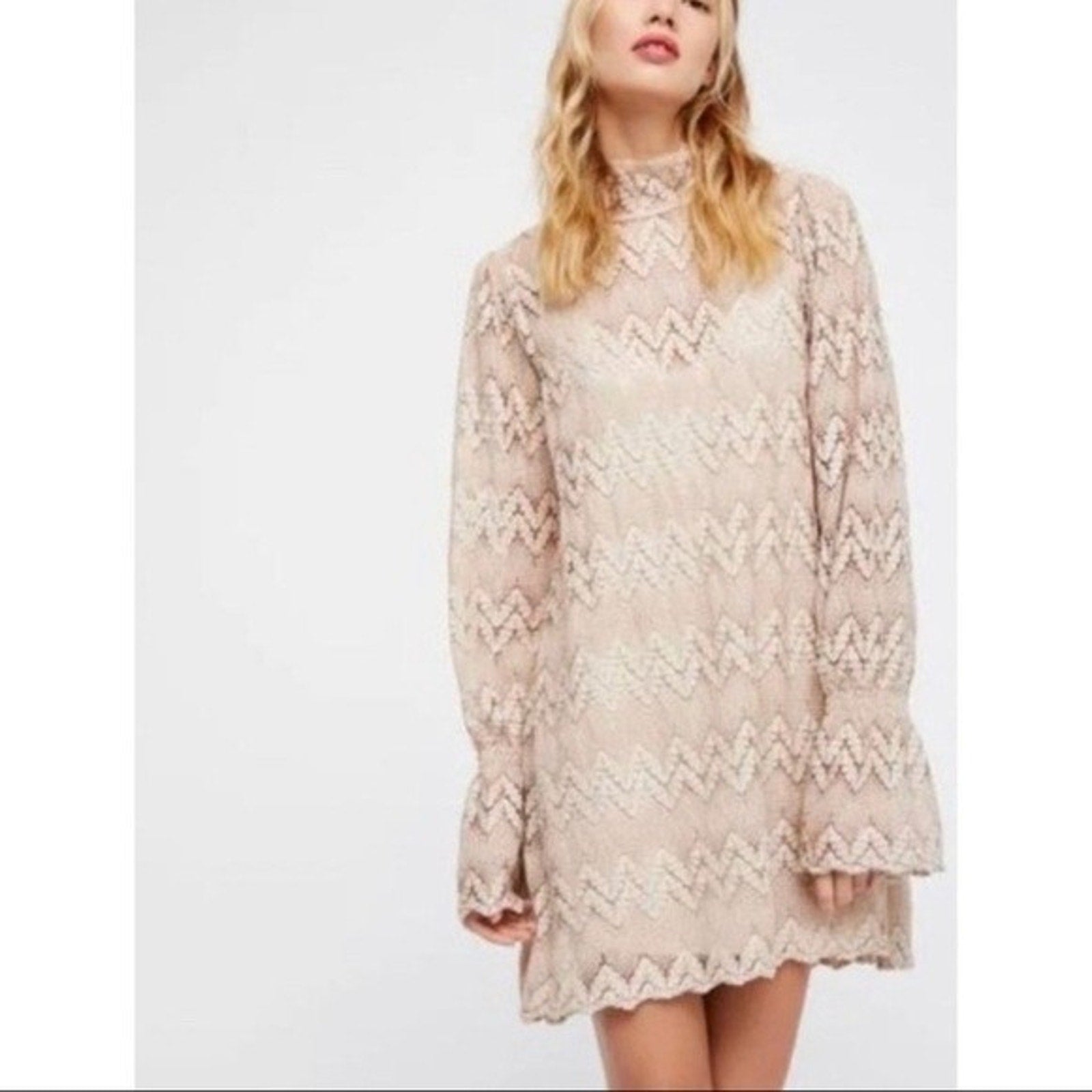 New Free People Simone Neutral Crochet Lace Mini Dress $128 Small Mock Taupe