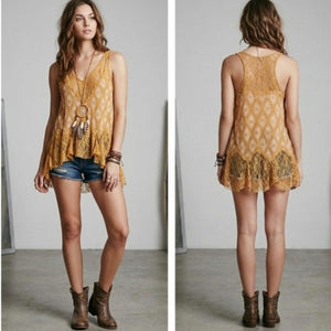 Free People Bell Trapeze Lace Cami MEDIUM Mustard Yellow Geo Bohemian