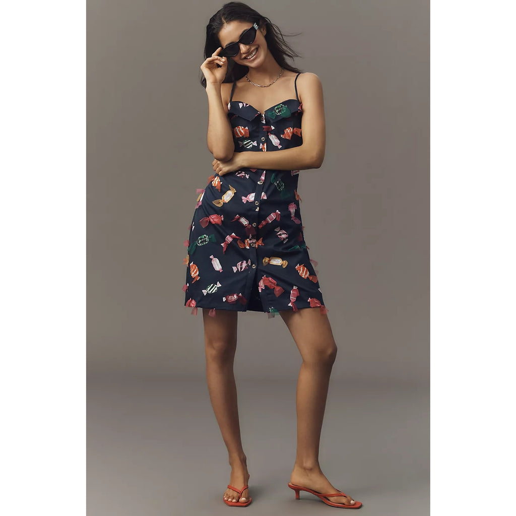 Anthropologie Maeve Printed Buttondown Mini Dress SIZE 8 Navy APPLIQUED Anthropologie