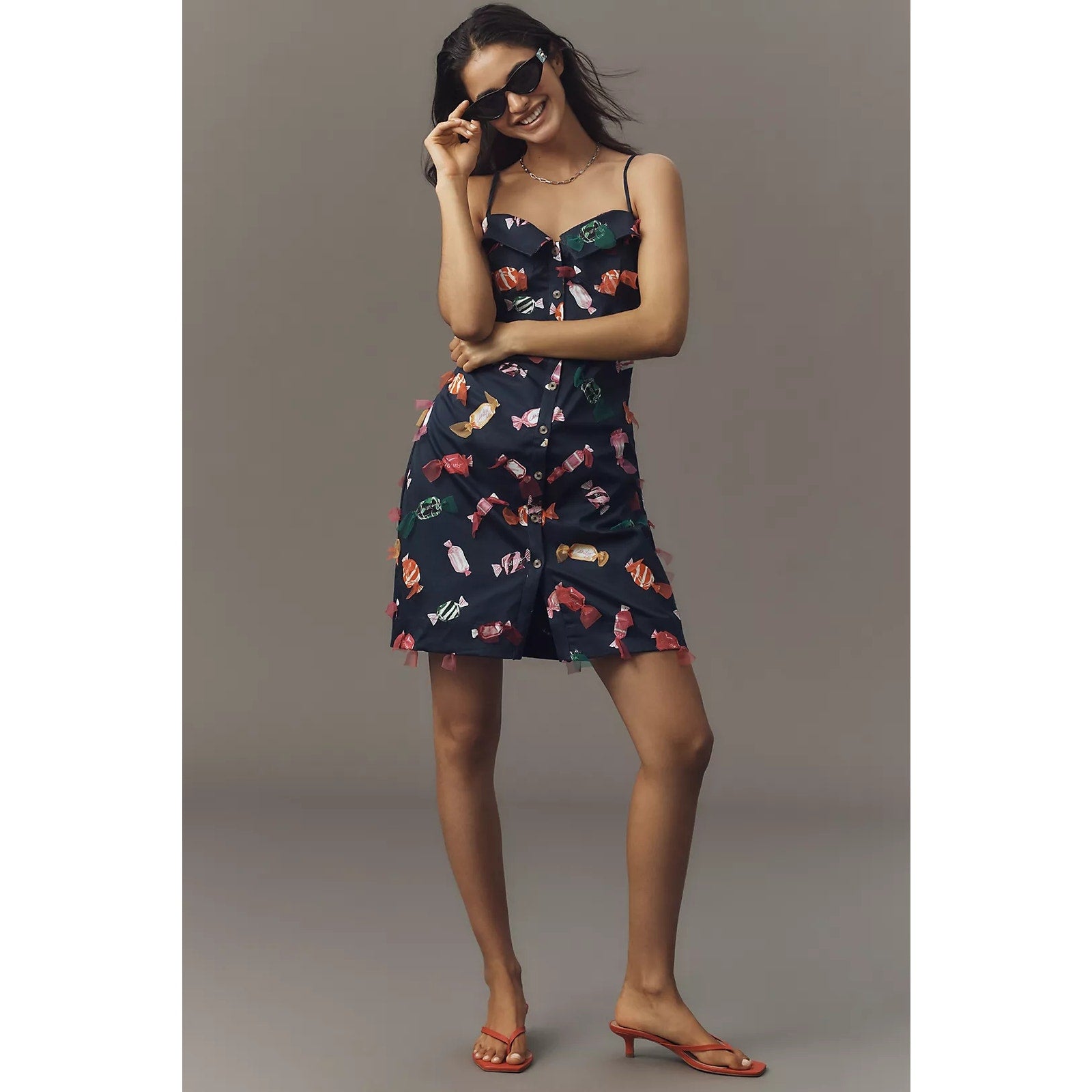 Anthropologie Maeve Printed Buttondown Mini Dress SIZE 8 Navy APPLIQUED Anthropologie