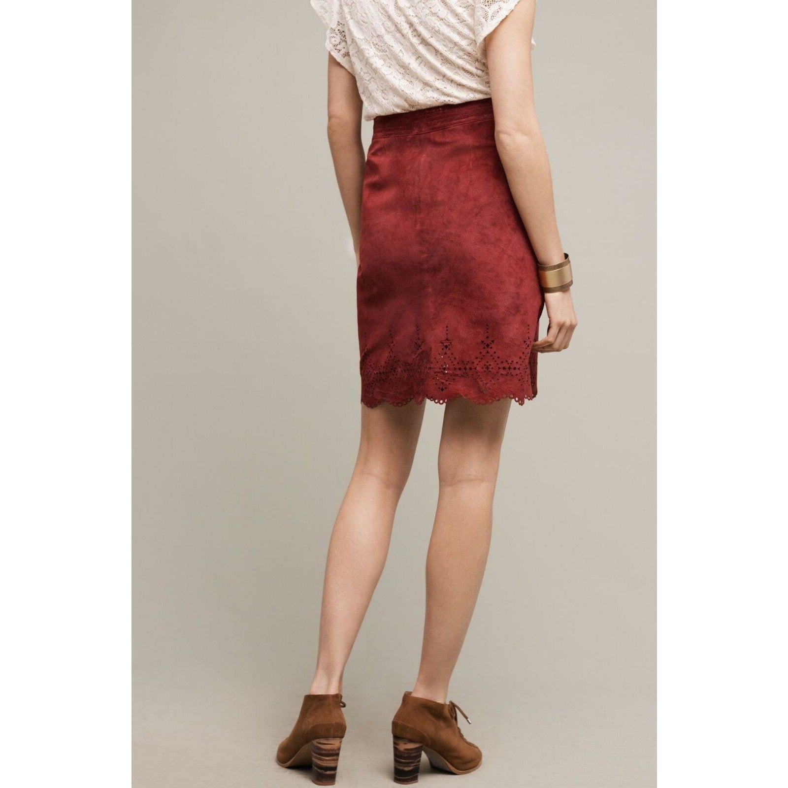 New Anthropologie Napa Laser Cut Leather Skirt by Maeve $198 Red/Bronze Size 6