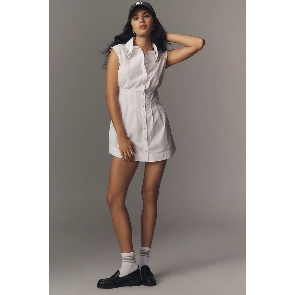 New Anthropologie Siempre Embellished Collar Pleated Mini Shirt Dress XL White
