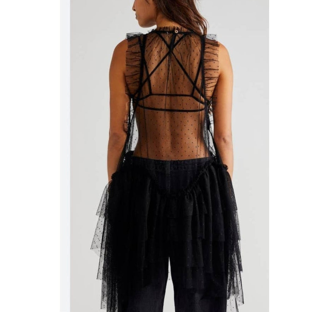New Free people MIA Mesh Maxi Top $148 MEDIUM Black DROPPED WAIST Ruffled Tiered