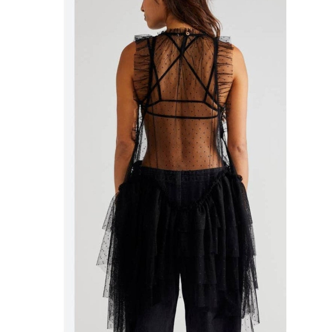 New Free people MIA Mesh Maxi Top $148 MEDIUM Black DROPPED WAIST Ruffled Tiered