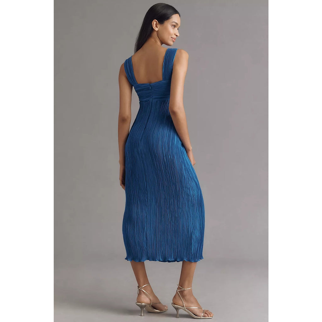 Anthropologie Pleated Satin Sweetheart Midi Dress X-LARGE Blue Anthropologie