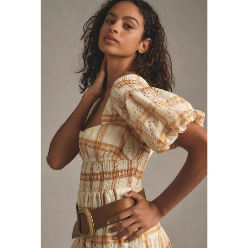Cream plaid eyelet midi dress with smocked bodice and short puff sleeves detail