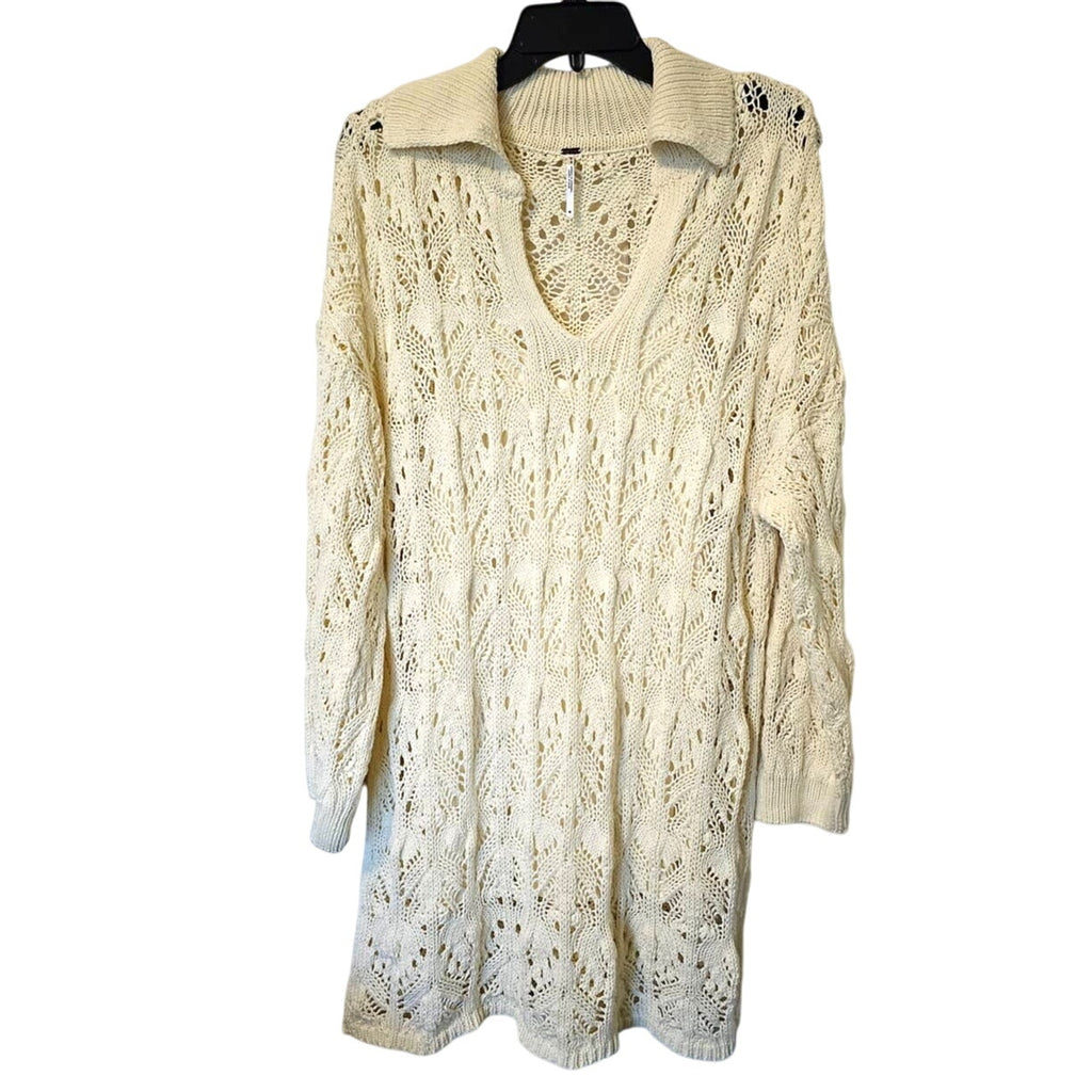 New Free People Elton Collared Crochet Mini Dress $178 MEDIUM Ivory Lined