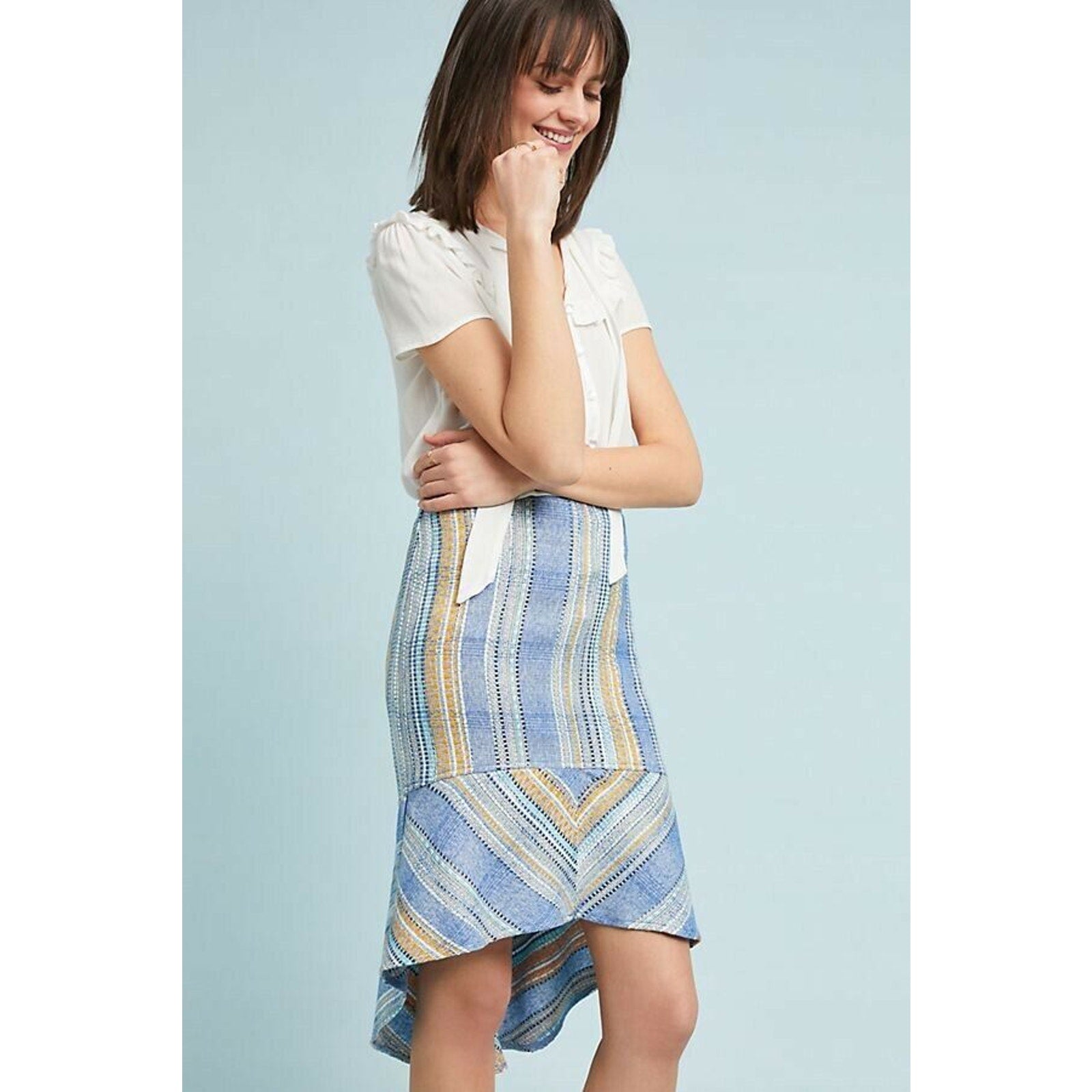 New Anthropologie Samantha Dru Flounced Striped Tweed Mini Skirt $148 Sz 4 Blue