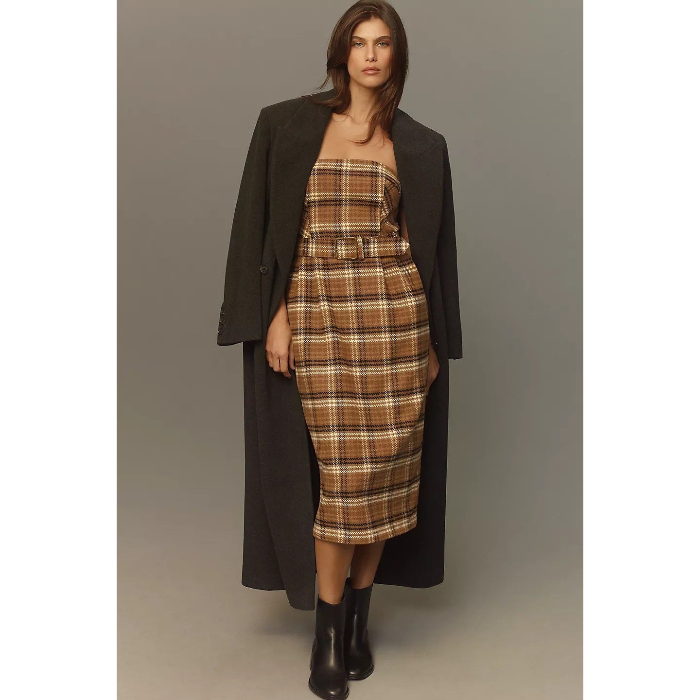 Anthropologie Strapless Belted Midi Dress $178 SIZE 4 Brown PLAID WOOL