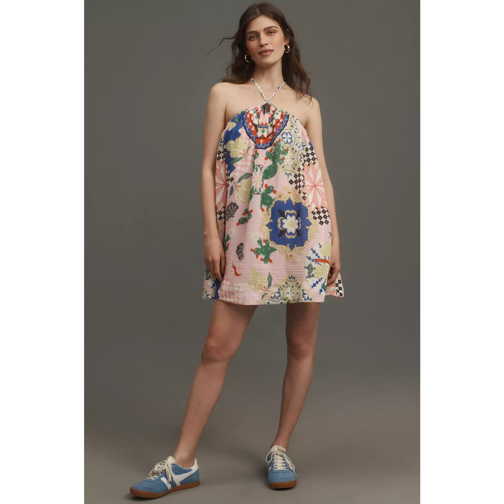 Anthropologie Maeve Printed Halter Swing Mini Dress X-SMALL Pink Anthropologie