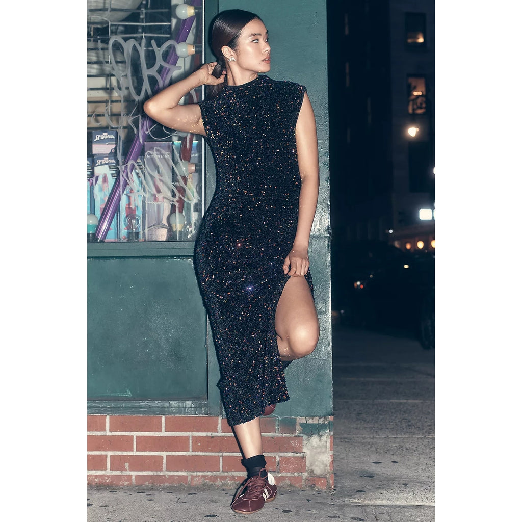 Anthropologie The Maya Ruched Cowl-Neck Sequin Mesh Dress SMALL Anthropologie