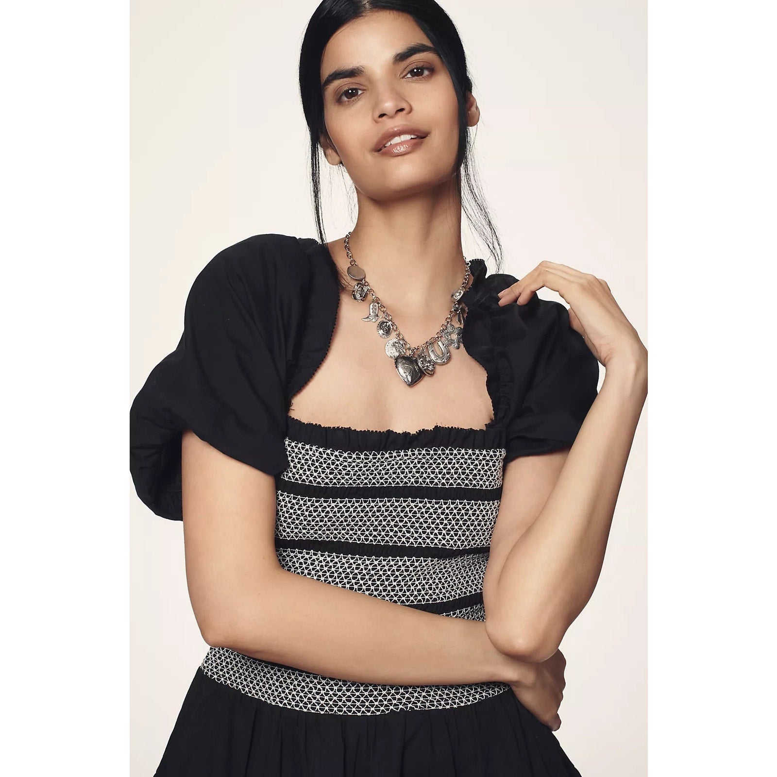 By Anthropologie Puff-Sleeve Square-Neck Smocked Mini Dress SMALL Black Anthropologie