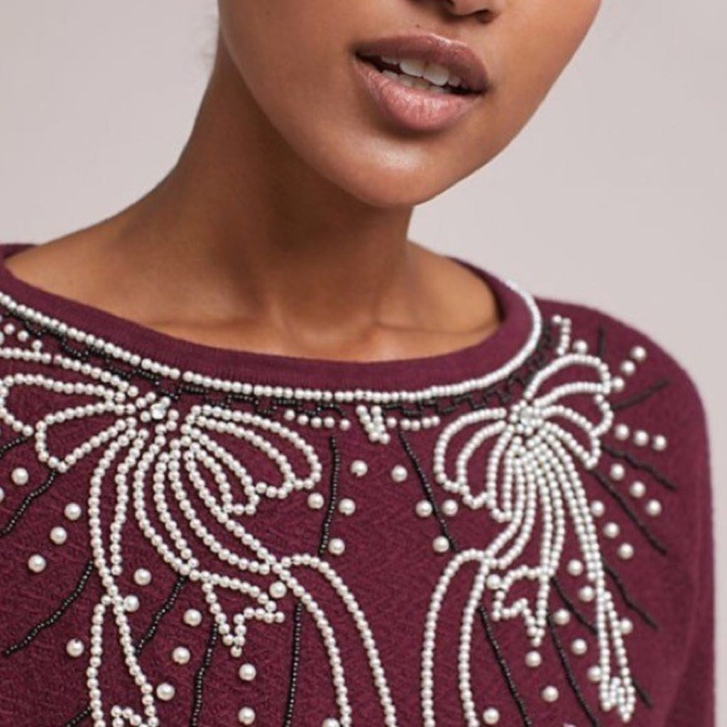 NEW Anthropologie $168 Pearled Bow Pullover In Raspberry Field Flower Size XS