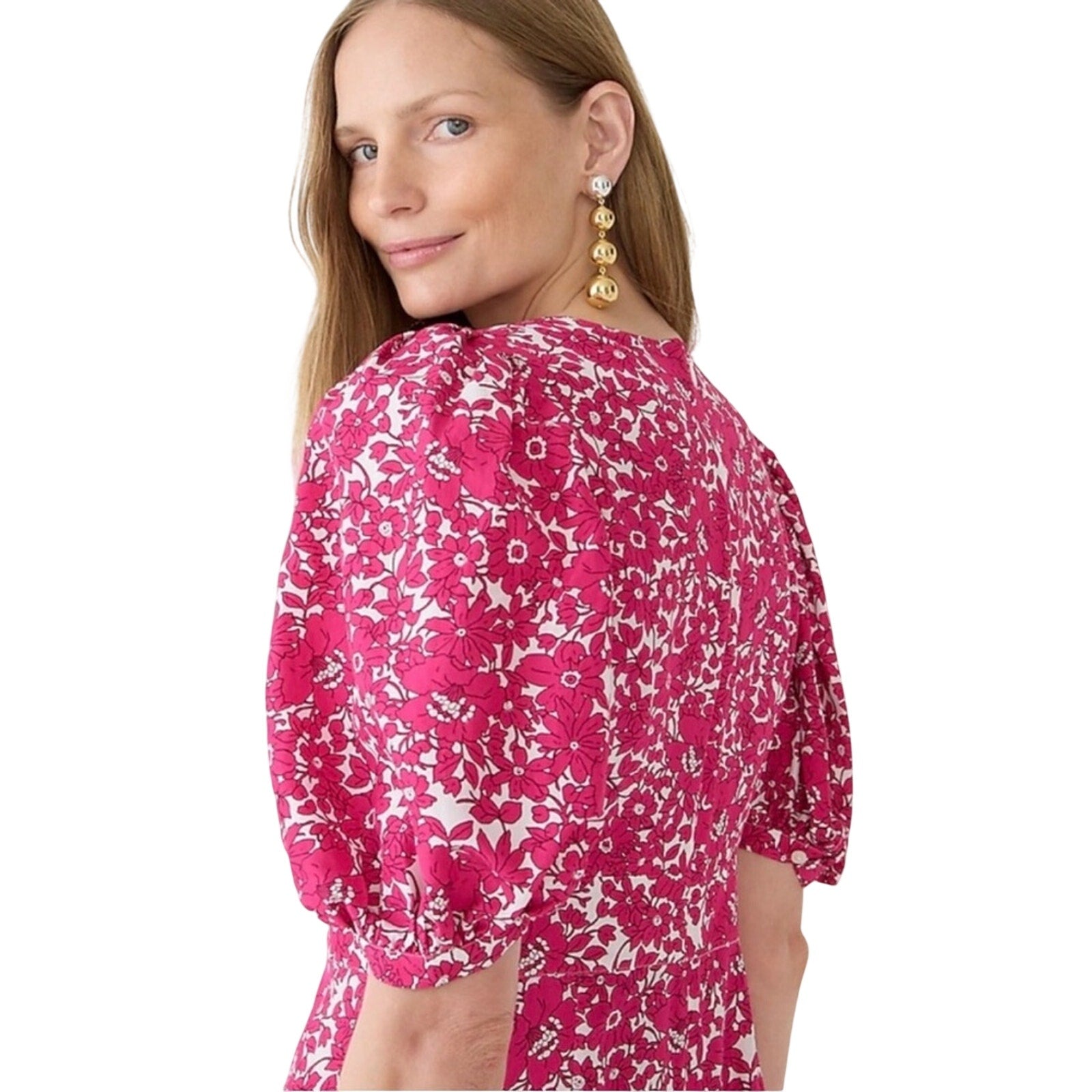 J CREW Collection puff-sleeve V-neck Drapey Floral Maxi Dress Size 10 Pink