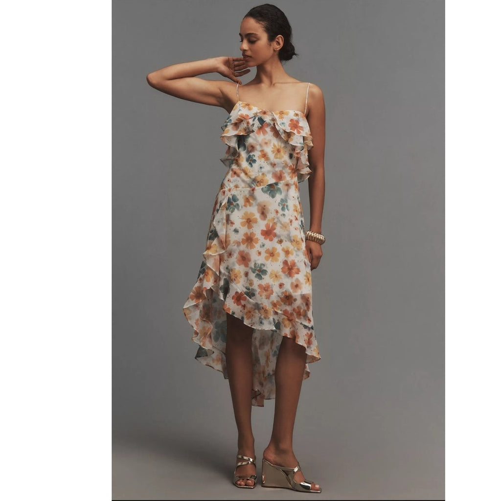 New By Anthropologie Sleeveless Asymmetric Ruffled Midi Dress $168 XS Floral