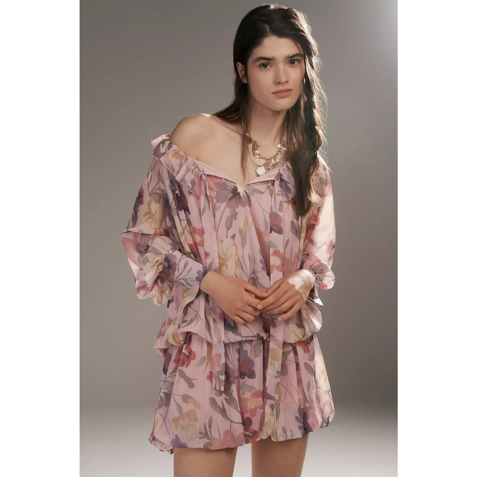 Anthropologie Mare Mare Long-Sleeve Mini Dress $168 Large Pink Floral Boho