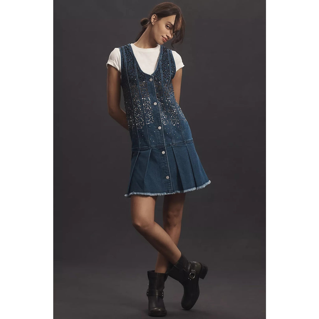 Anthropologie Pilcro Sparkle Denim Button-Front Mini Dress $198 MEDIUM Blue