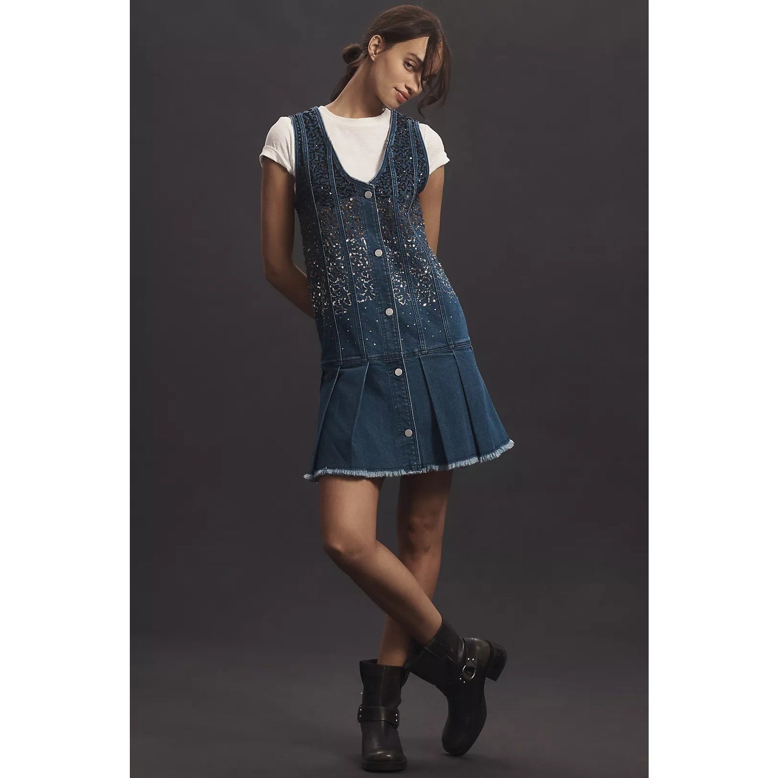Anthropologie Pilcro Sparkle Denim Button-Front Mini Dress $198 MEDIUM Blue