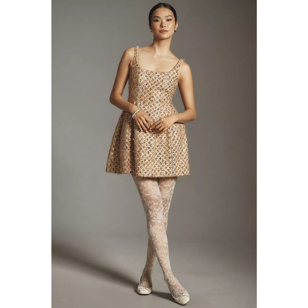 Anthropologie Maeve Tweed Fit & Flare Mini Dress $198 SIZE 10 Neutral Sequin