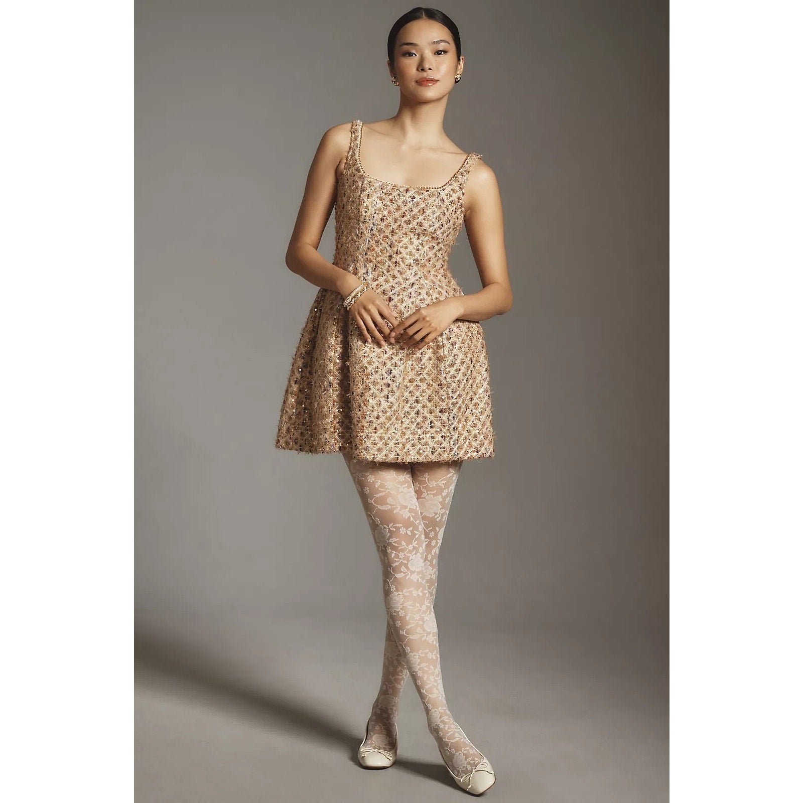 Anthropologie Maeve Tweed Fit & Flare Mini Dress $198 SIZE 10 Neutral Sequin