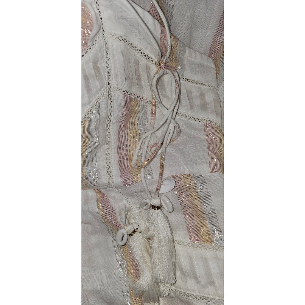 New Anthropologie Mahila Shoulder-Tie Mini Dress $128 LARGE Ivory Metallic
