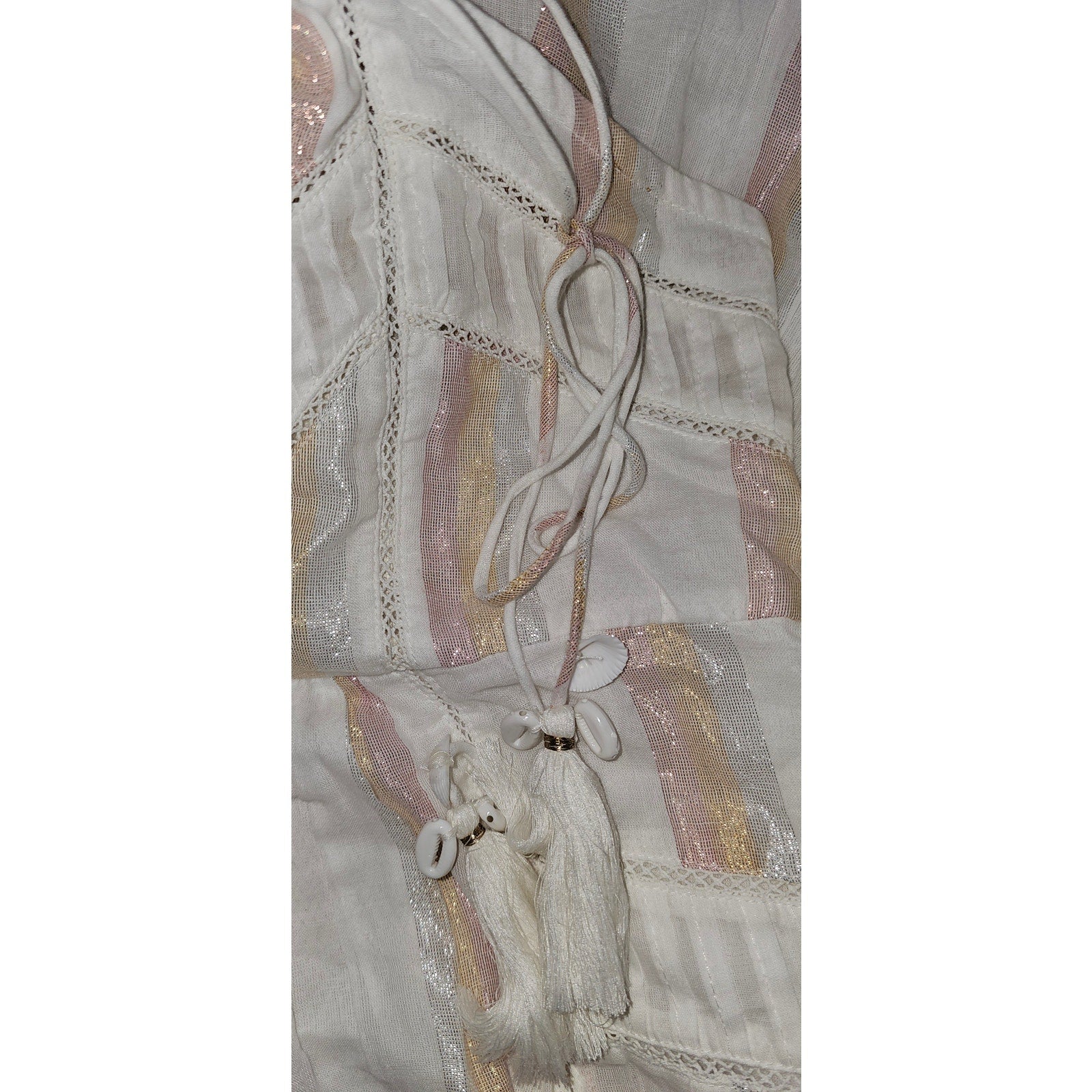 New Anthropologie Mahila Shoulder-Tie Mini Dress $128 LARGE Ivory Metallic