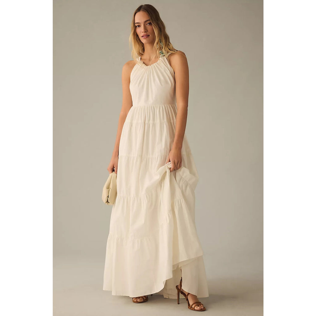 Anthropologie Forever That Girl Tiered Ruched Back Bow Dress SMALL Anthropologie