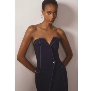 Anthropologie Maeve Strapless Linen Mini Dress $158 SIZE 8 Blue Stetchy