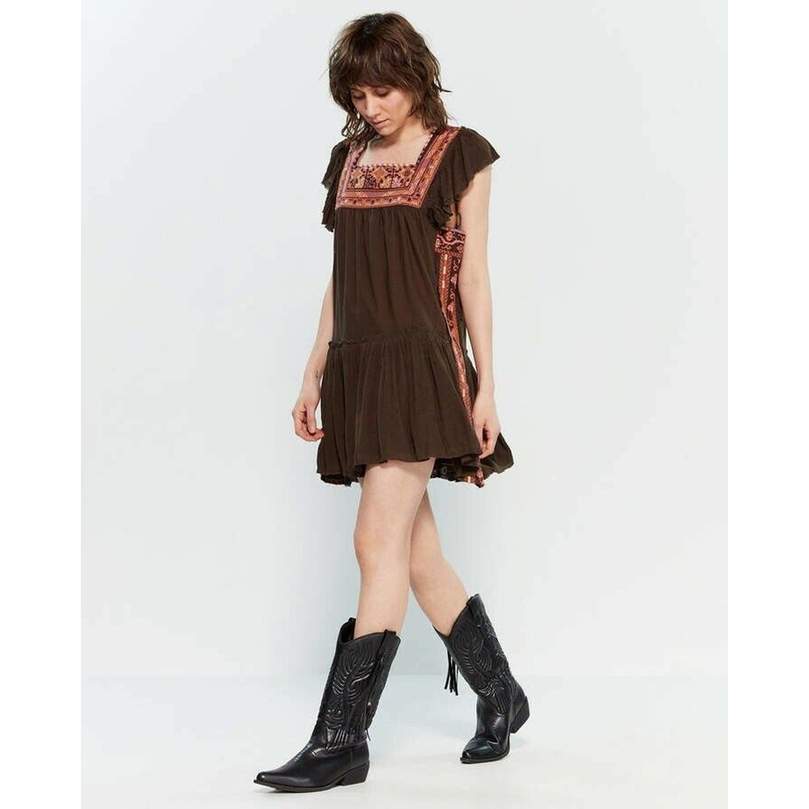 New Free People Day Glow Boho Mini Dress Retail $128 Brown Size XS