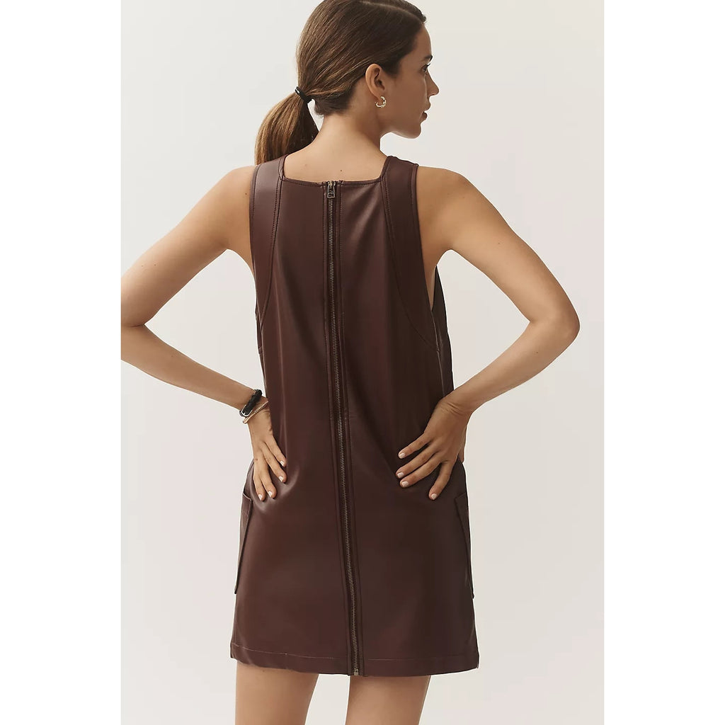 Anthropologie Maeve Sleeveless FauxLeather Shift Mini Dress $178 LARGE Brown