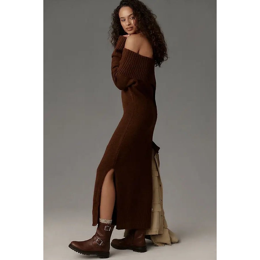 Dark brown off-shoulder knit midi dress with ribbed foldover neckline and side slit