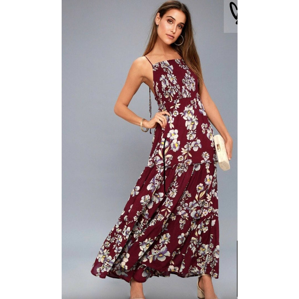 NEW Free People $128 Garden Party Maxi Dress Burgandy Smocked Bodice Size XS