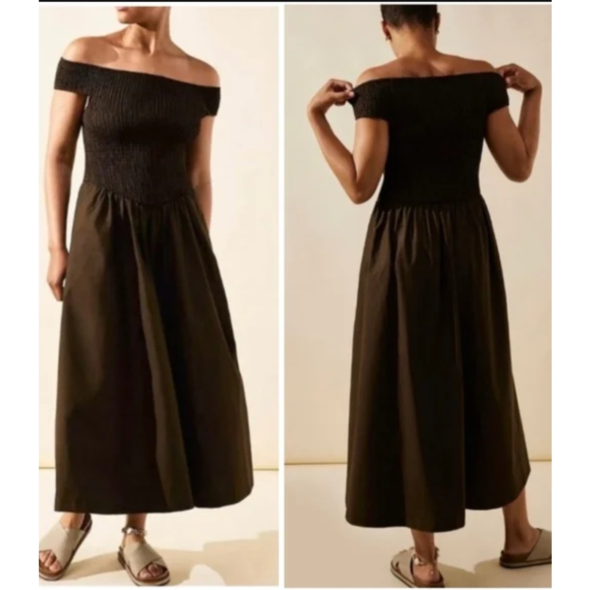 New Free People Ceci Smocked OTS Midi Dress Free-est  $98 SMALL Deep Brown