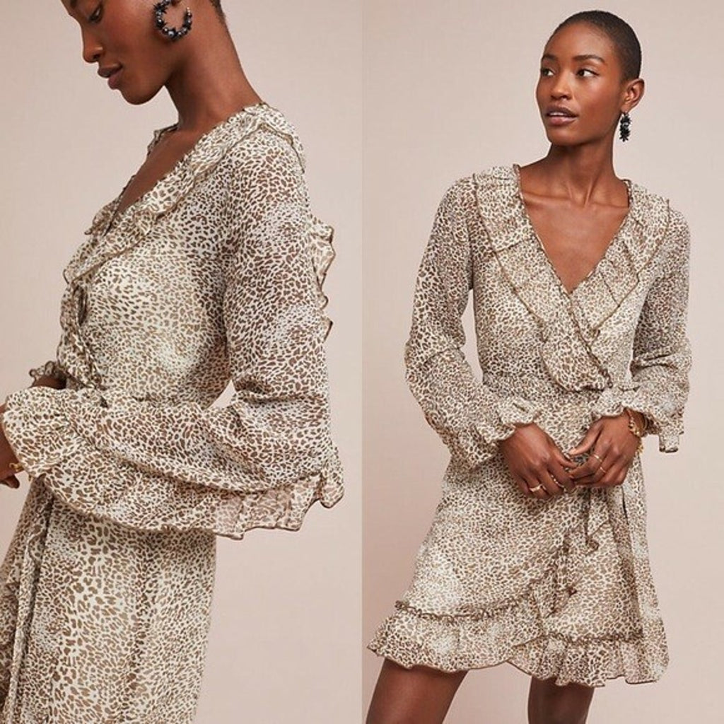 NEW Anthropologie $160 Ruffled Leopard Dress By Ranna Gill Size XS