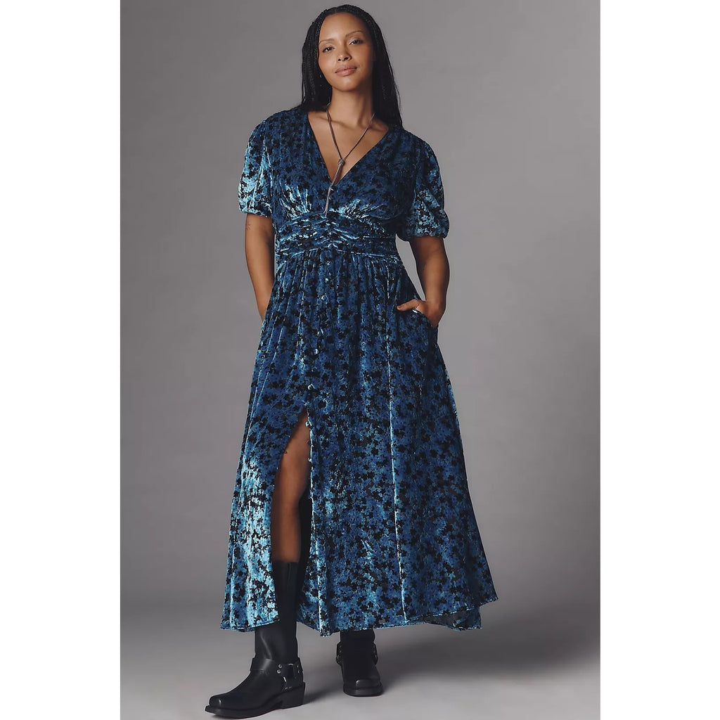 Anthropologie The Katerina Button-Front Dress Velvet Edition SMALL Blue Anthropologie