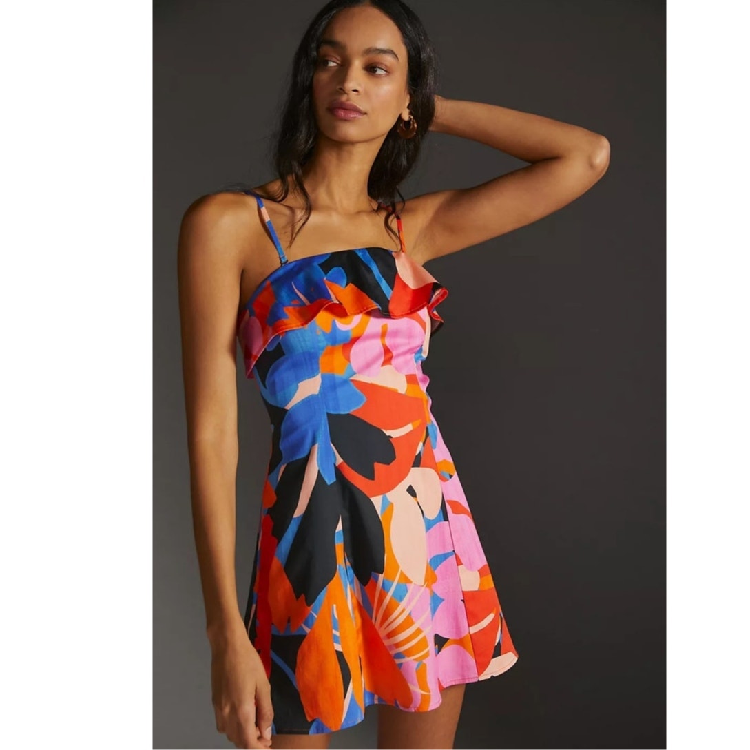 New Anthropologie Corey Lynn Calter Ruffled Printed Mini Dress $220 MEDIUM Pink