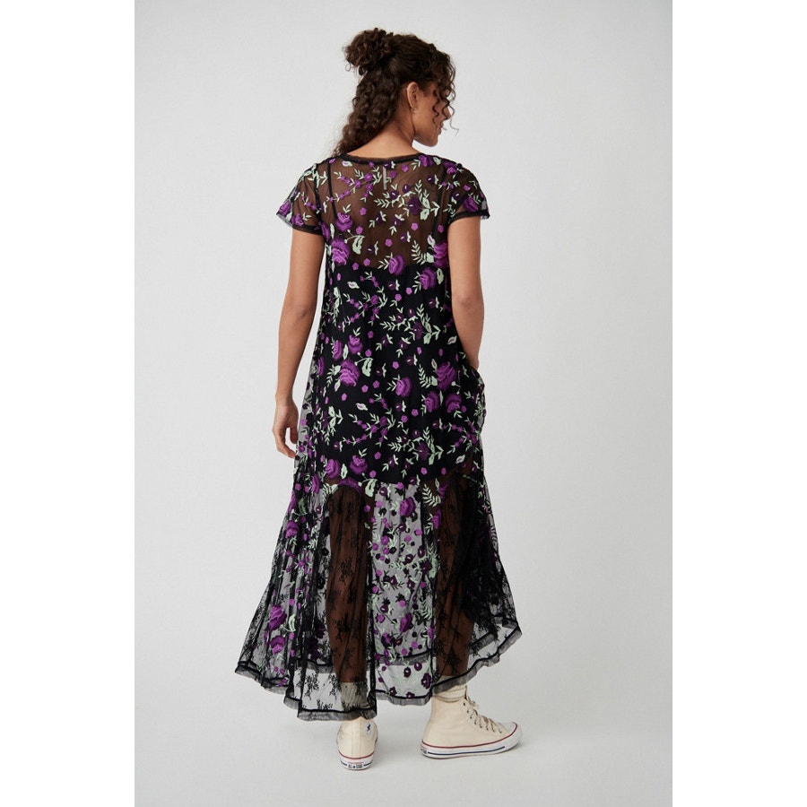 New Free People Sky Bright Floral Midi Dress $228 SMALL Black/Purple Sheer Mesh