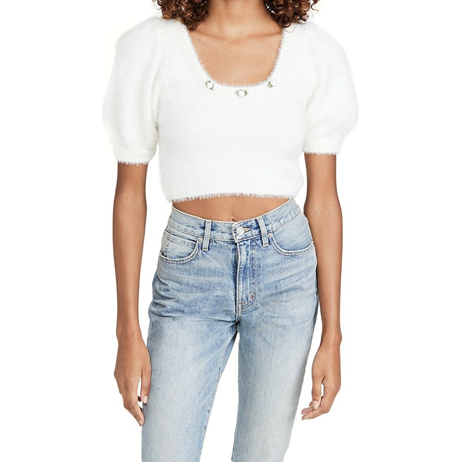 New Anthropologie by For Love & Lemons Anastasia Faux Mohair Sweater Sz S White