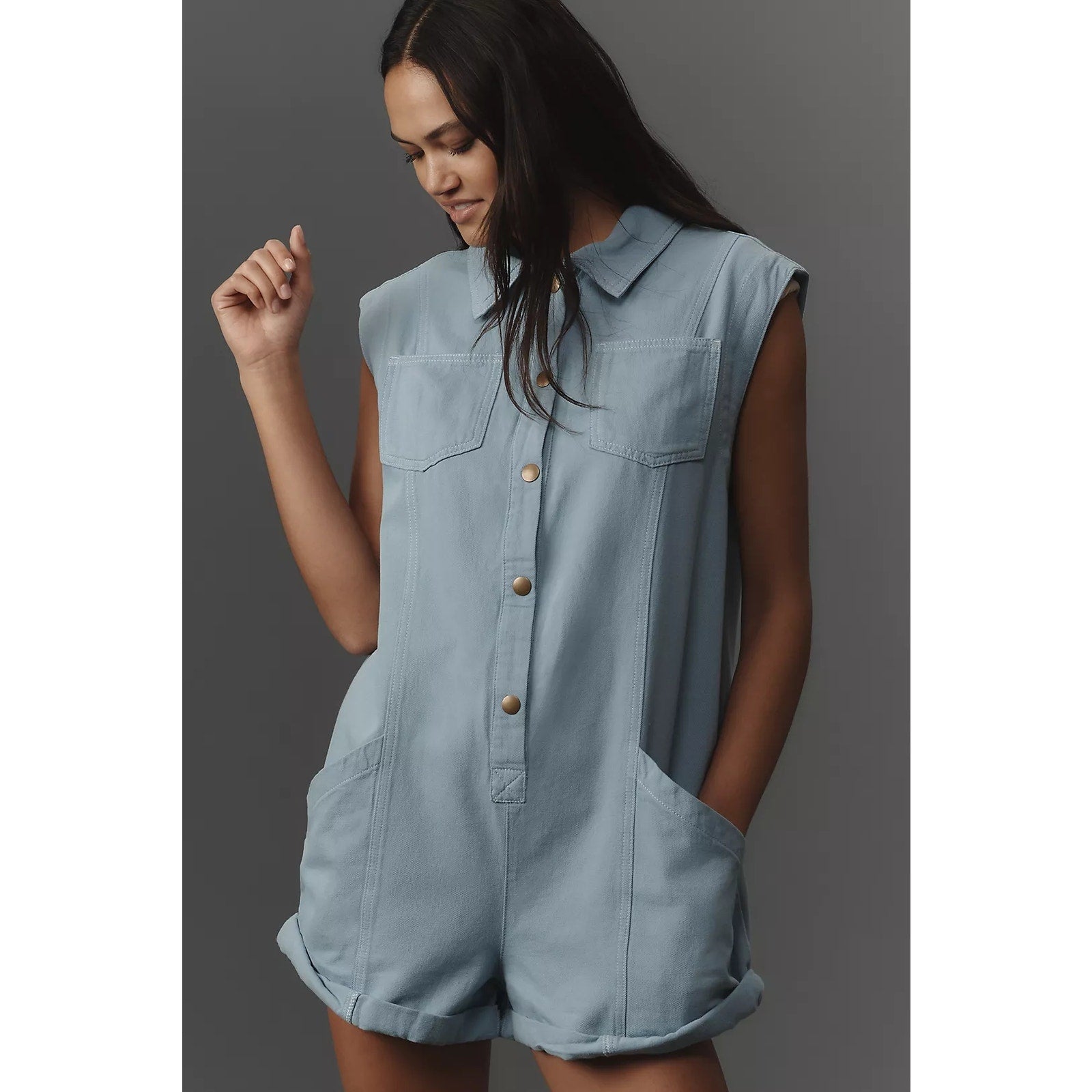 ANTHROPOLOGIE Pilcro Sleeveless Collared Romper SMALL Blue Anthropologie