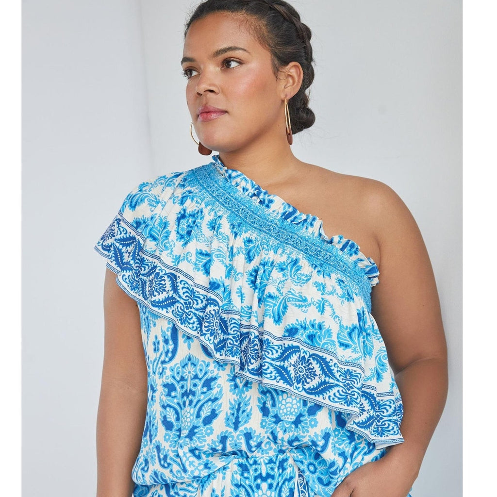 New Anthropologie Plenty by Tracy Reese Ruffled One-Shoulder Blouse $138 PLUS 1X  Blue
