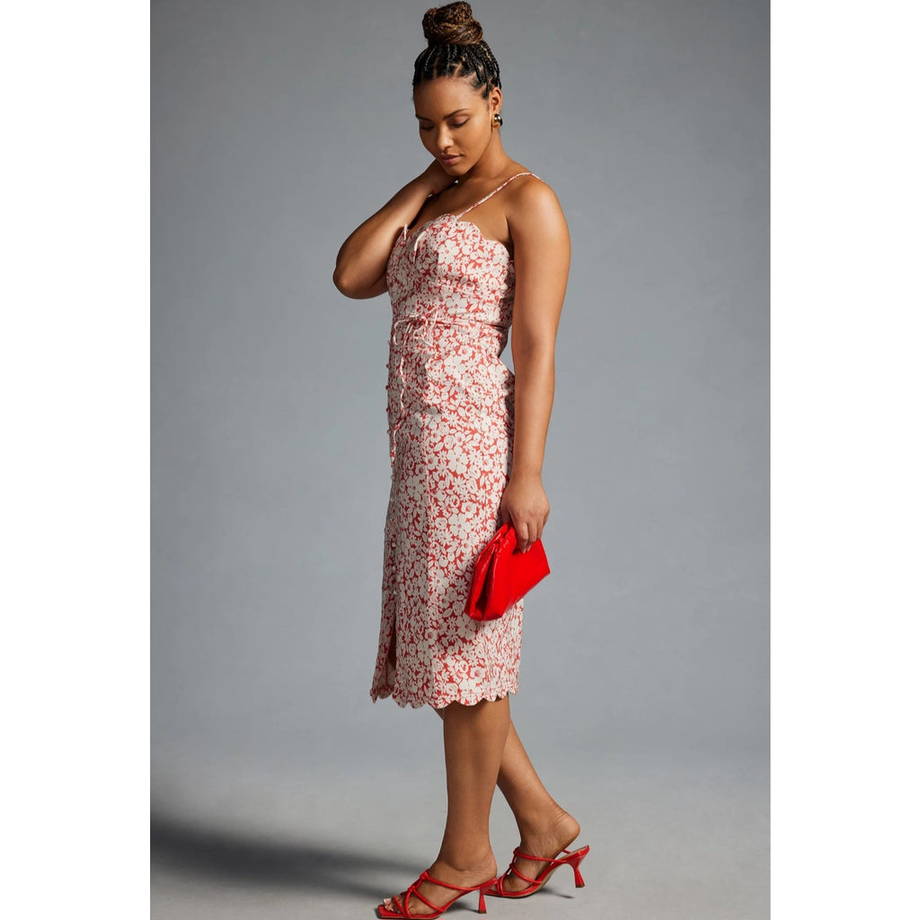 New By Anthropologie Slim Scalloped Front-Slit Corset Dress $170 PLUS 16W Red
